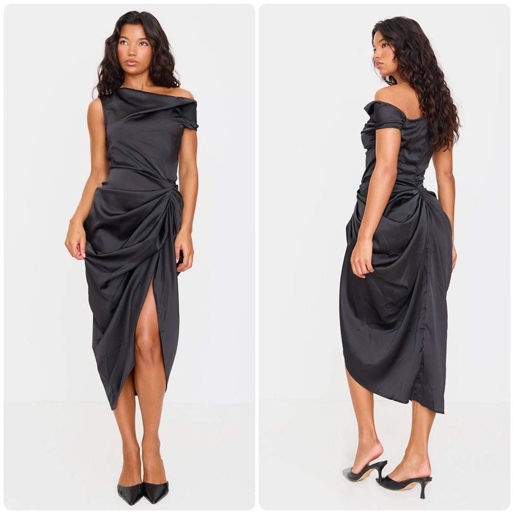 PrettyLittleThing Black Satin Off The Shoulder Draped Skirt Midi Dress Slit Sz 8